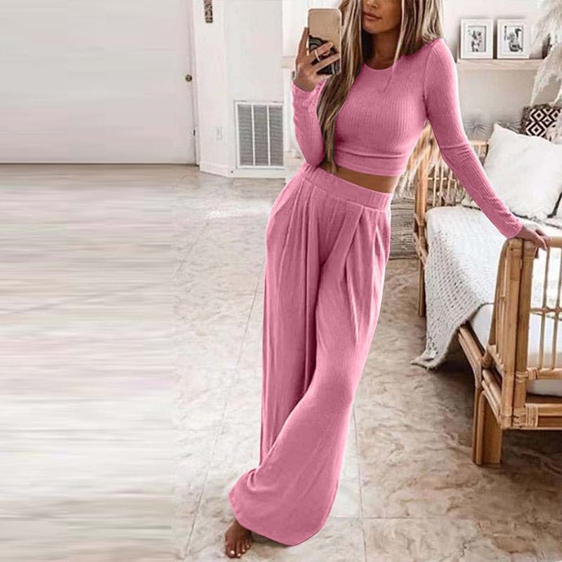 Solid Knitted Casual Home Wear Set (Slim Top, Wide Leg Pants) - Linions