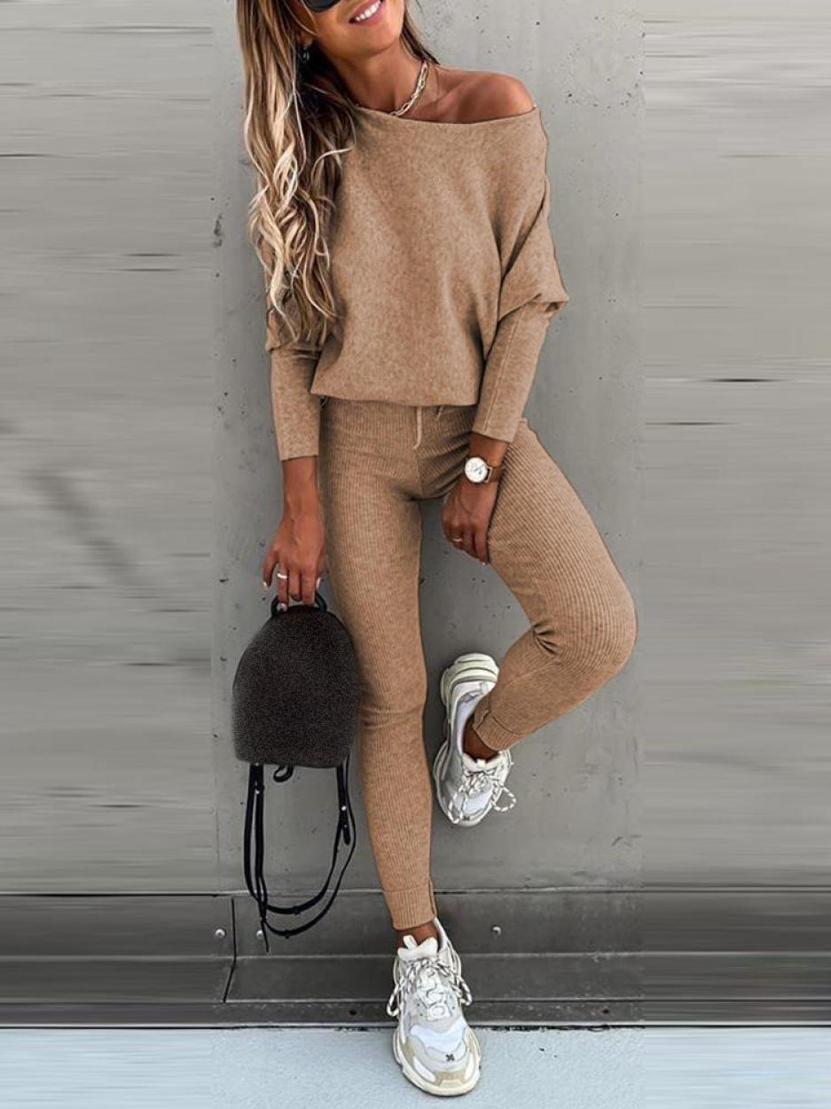 Solid Knitted Sweater Suit (Two Piece - Casual Drawstring, Long Sleeve) - Linions