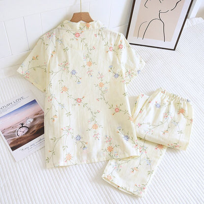 Spring and summer new ladies pajamas short-sleeved + trousers two-piece set 100%cotton gauze cute flowers loose home clothes set - Linions