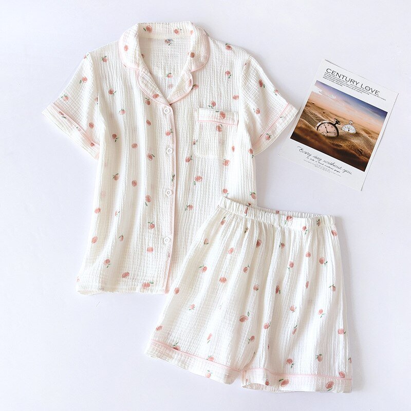 Summer Cotton Gauze Pajamas Women Short Sleeve Pijamas Shorts Print Sl –  Linions