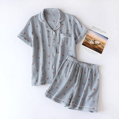 Summer Cotton Gauze Pajamas Women Short Sleeve Pijamas Shorts Print Sleepwear Cotton Thin Loose Lounge Wear 2 Piece Home Clothes - Linions