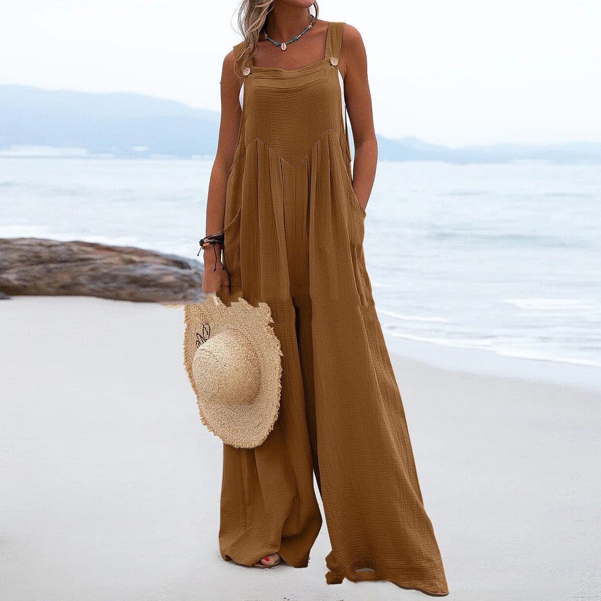 Summer Loose Casual Jumpsuit For Women Cotton Linen Long Romper Solid Holiday Beach Playsuit Strap Button Up Women Jumpsuit - Linions