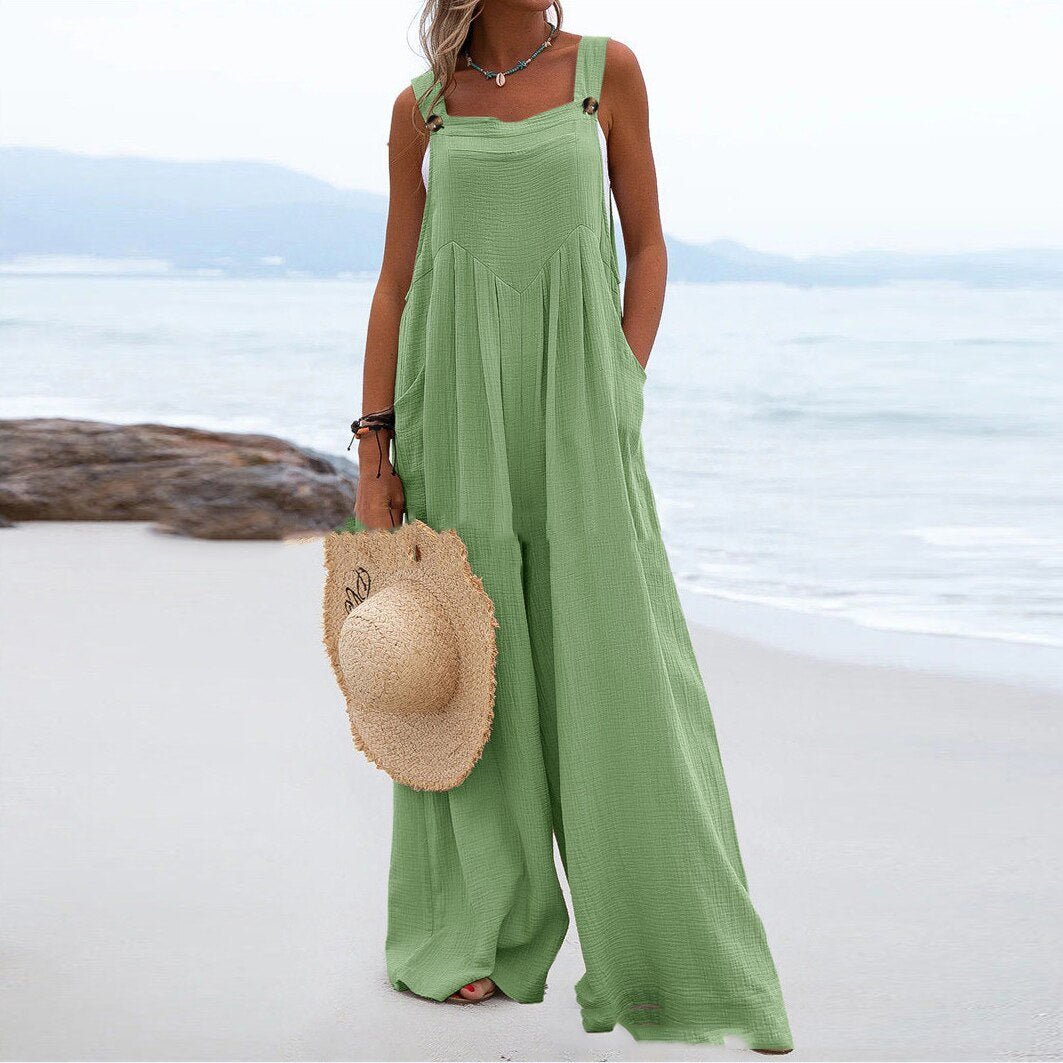 Summer Loose Casual Jumpsuit For Women Cotton Linen Long Romper Solid Holiday Beach Playsuit Strap Button Up Women Jumpsuit - Linions