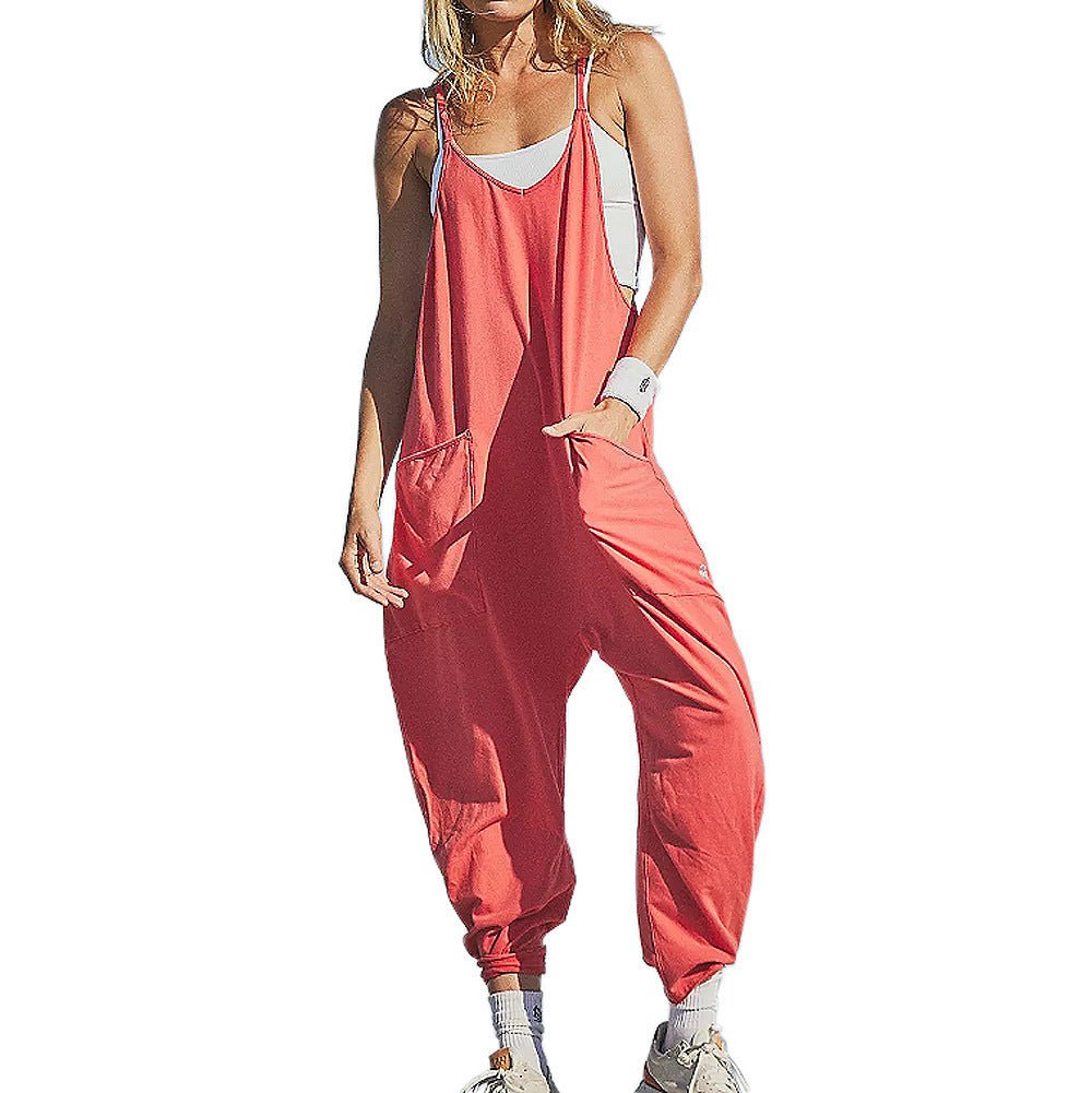 Summer Women's Loose Sleeveless Jumpsuits Spaghetti Strap Stretchy Long Pant Romper Jumpsuit With Pockets Zipper - Linions