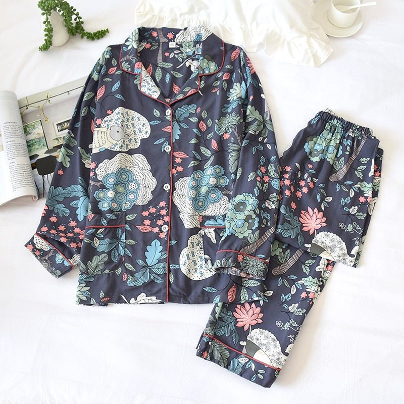 Two-piece Set Women Home Clothes for Spring and Autumn Long-sleeved Viscose Cotton Trouser Suits Women Sleepwear Pajama Set - Linions