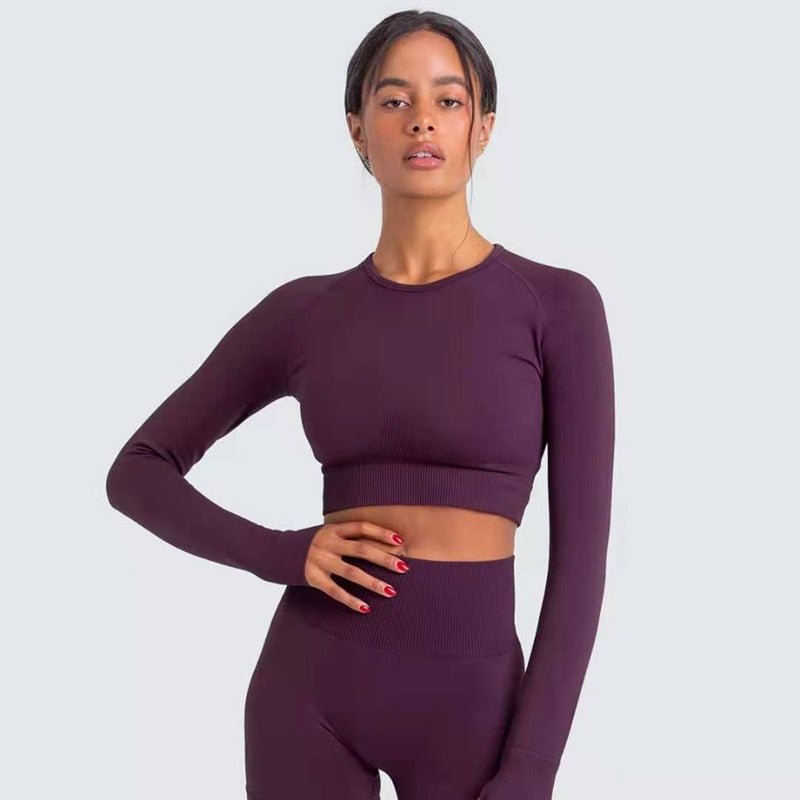 Sport Set Women Outfits Fitness Long Sleeve Seamless Yoga Set Crop Top  Leggings Women Sportswear Gym Clothing Set Ensemble Femme Color: purple  suit 2, Size: L