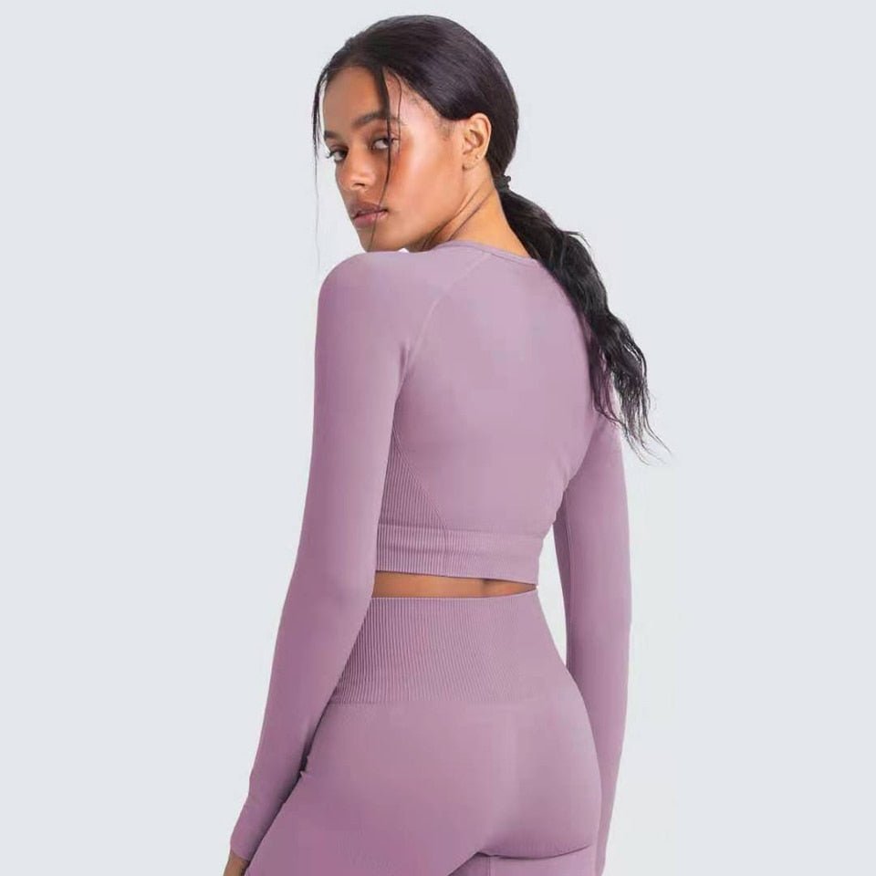 Women 2 Piece Workout Outfits Ribbed Long Sleeve Crop Top High Waist Yoga  Leggings Gym Sets Tracksuits