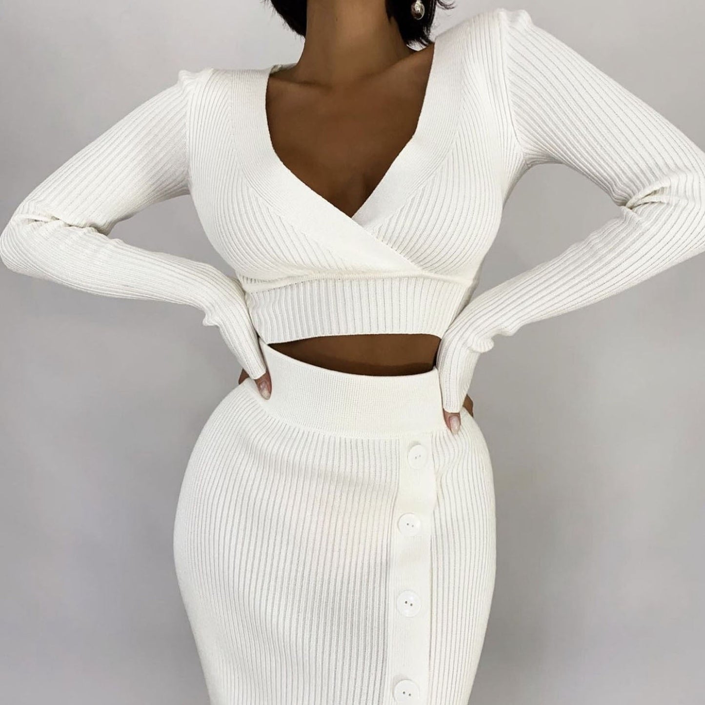 V-Neck Crop Top And Midi Skirt Sets Autumn Wrap Slim Bodycon Casual 2 Piece Sets Dress Outfits Women's Knitted Suit - Linions