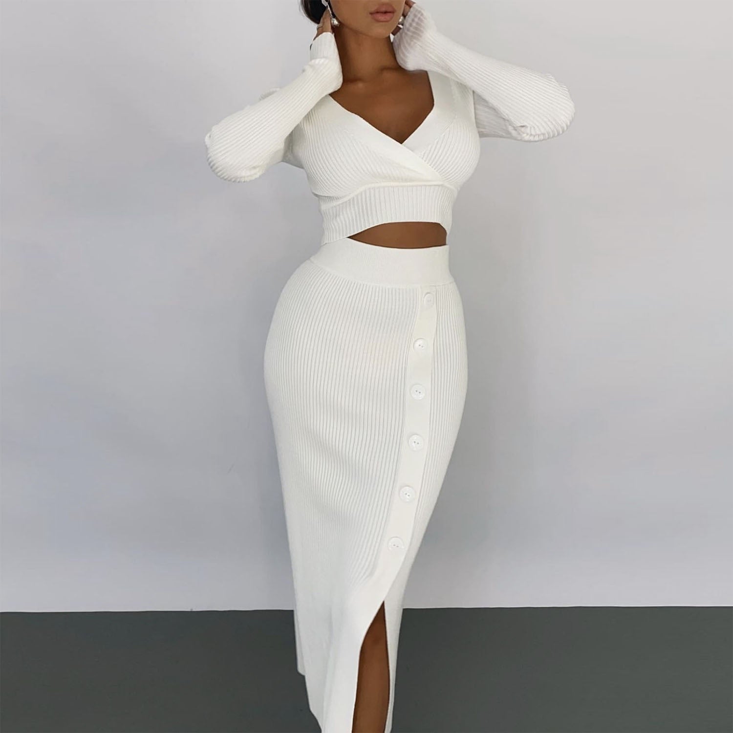 Woman Knitted 2 Piece Set Women Solid Off Shoulder Crop Tops