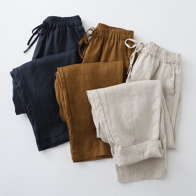 Vintage Cotton Linen Casual Harem Pants Women Breathable Elastic Waist Ankle-Length Trousers Soft Summer Packets U261 - Linions
