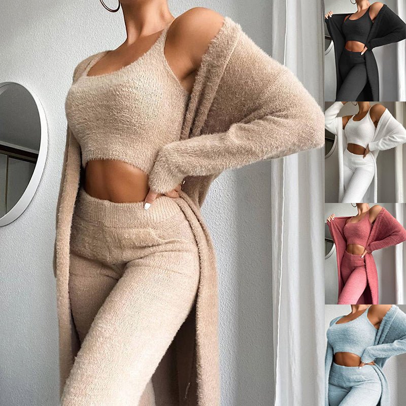 Women Fashion Solid Fluffy Plain Crop Top & Skinny Pants & Longline Coat Set Warm Cozy Suit Sets - Linions