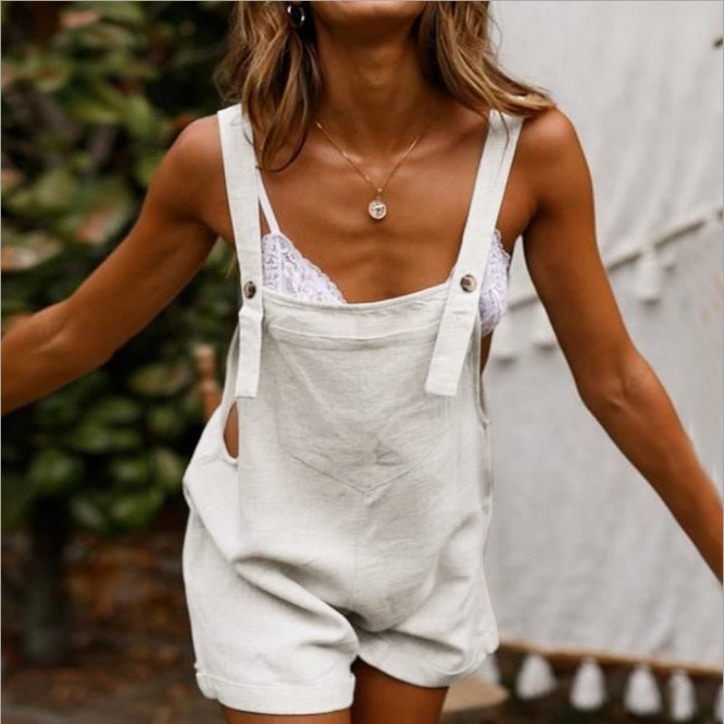 Women Rompers Summer Ladies Casual Clothes Loose Wide Leg Shorts Solid Dungaree Bib Overalls Summer Beach Rompers Shorts - Linions