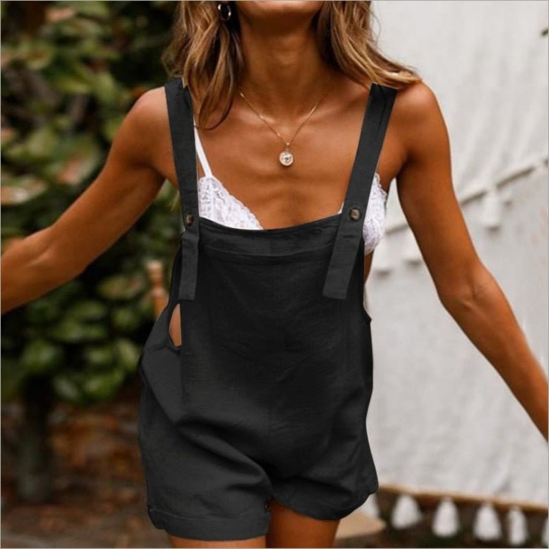 Women Rompers Summer Ladies Casual Clothes Loose Wide Leg Shorts Solid Dungaree Bib Overalls Summer Beach Rompers Shorts - Linions