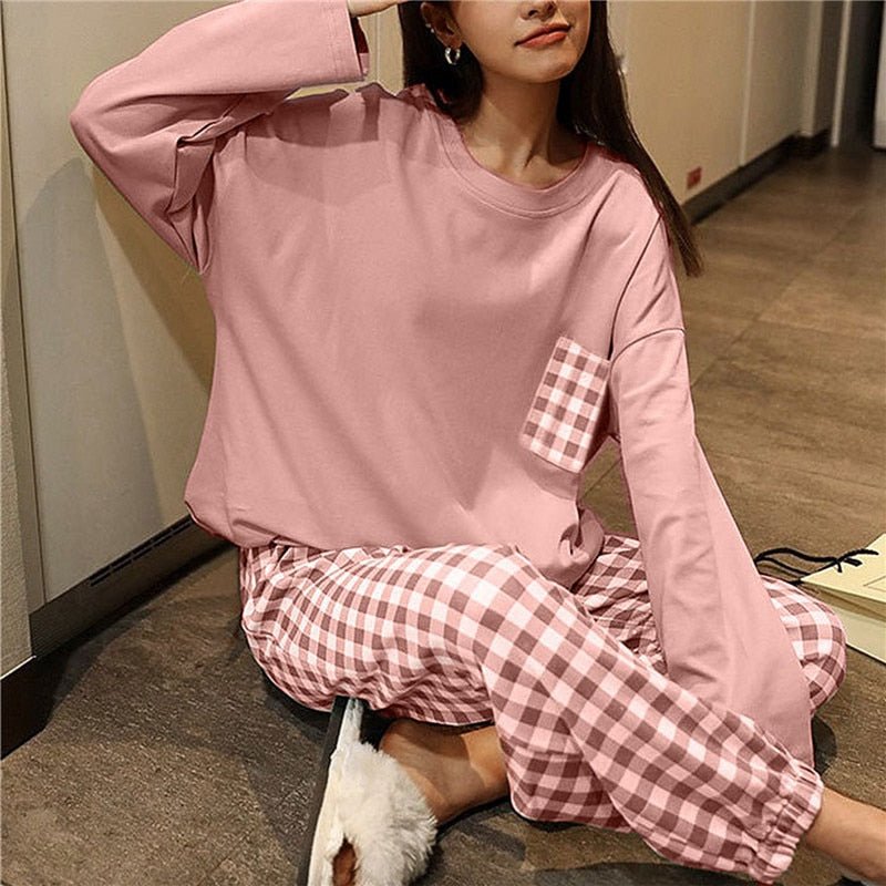Women's Cotton Pajamas Big Size Sleepwear Sets Woman 2 Pieces Pajamas Spring Autumn Female Couples Loungewear Suit Home Clothes - Linions