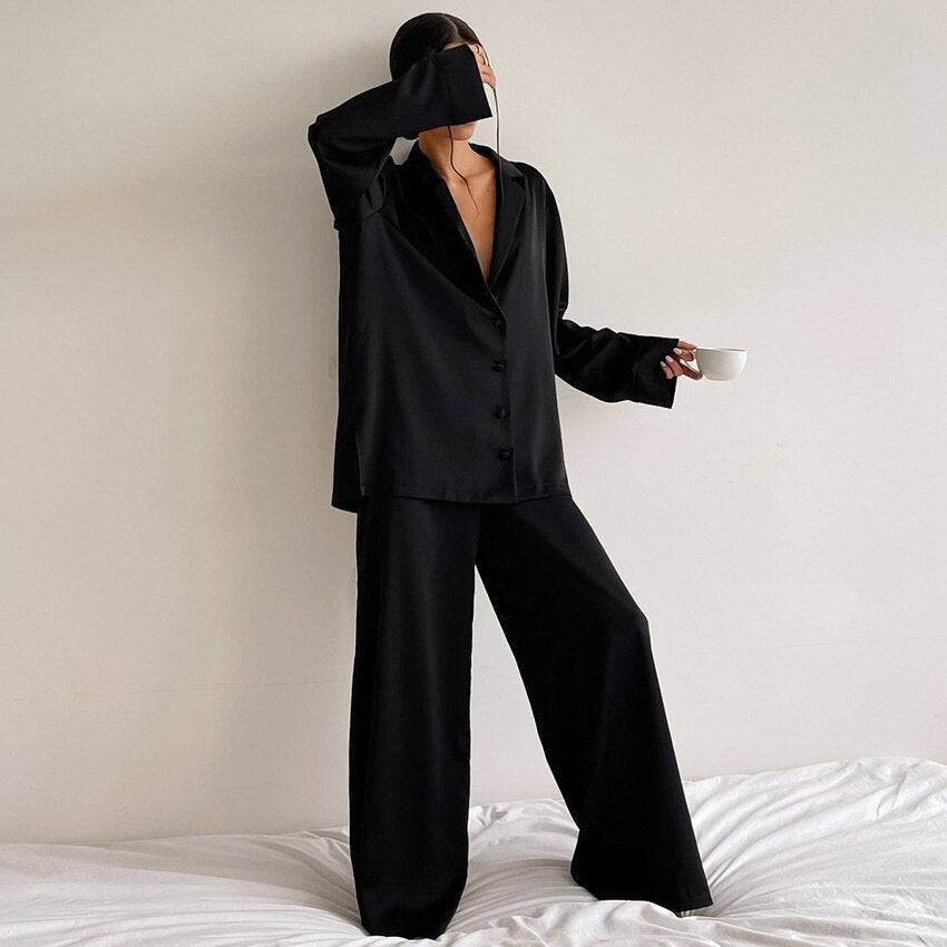 Sleepwear Female Satin 2 Piece Set Solid Women Pajamas Loose Pants